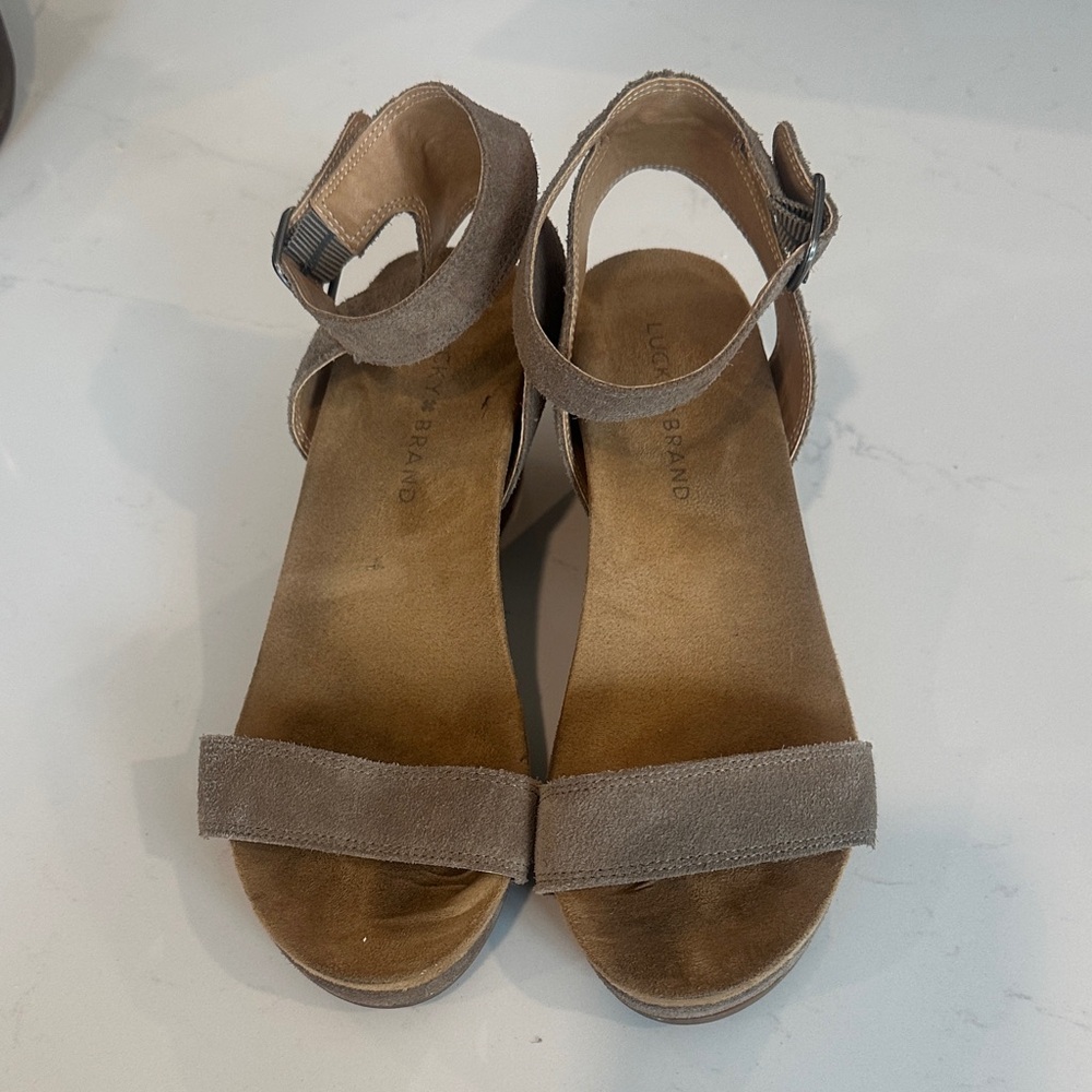 Lucky Brand Taupe Suede Wedge Sandals with Ankle Strap